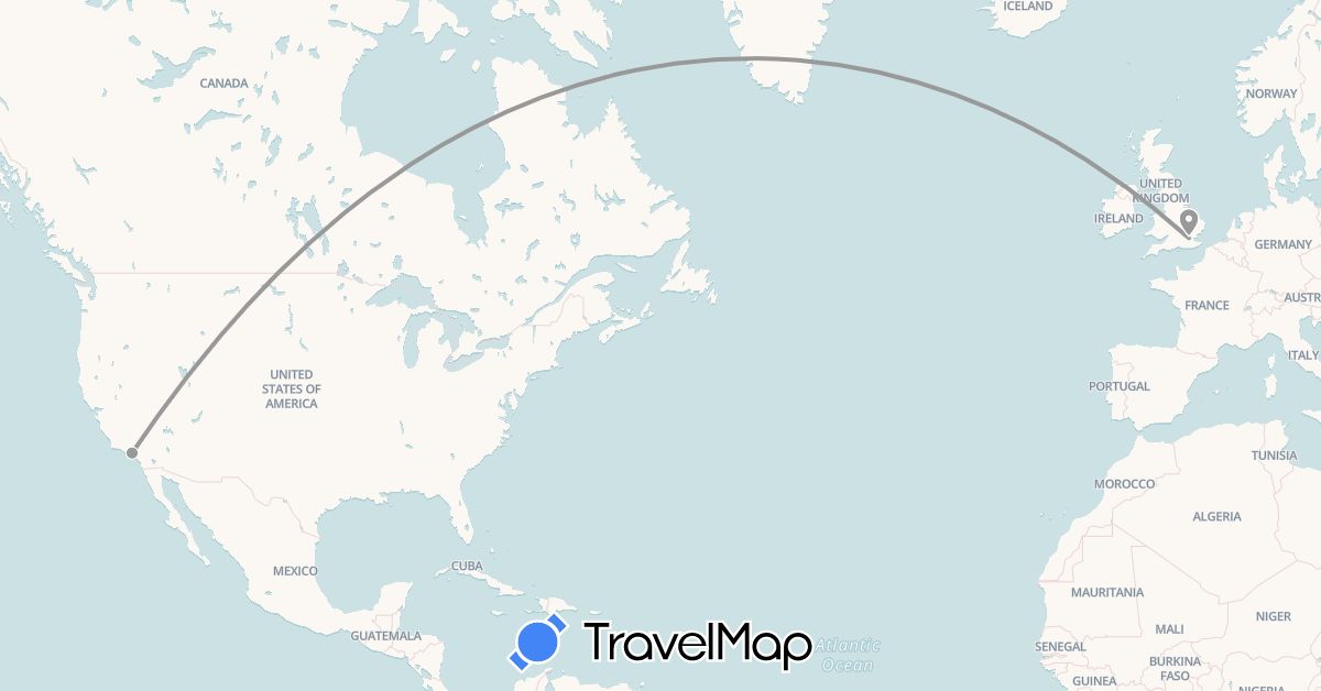 TravelMap itinerary: driving, plane in United Kingdom, United States (Europe, North America)